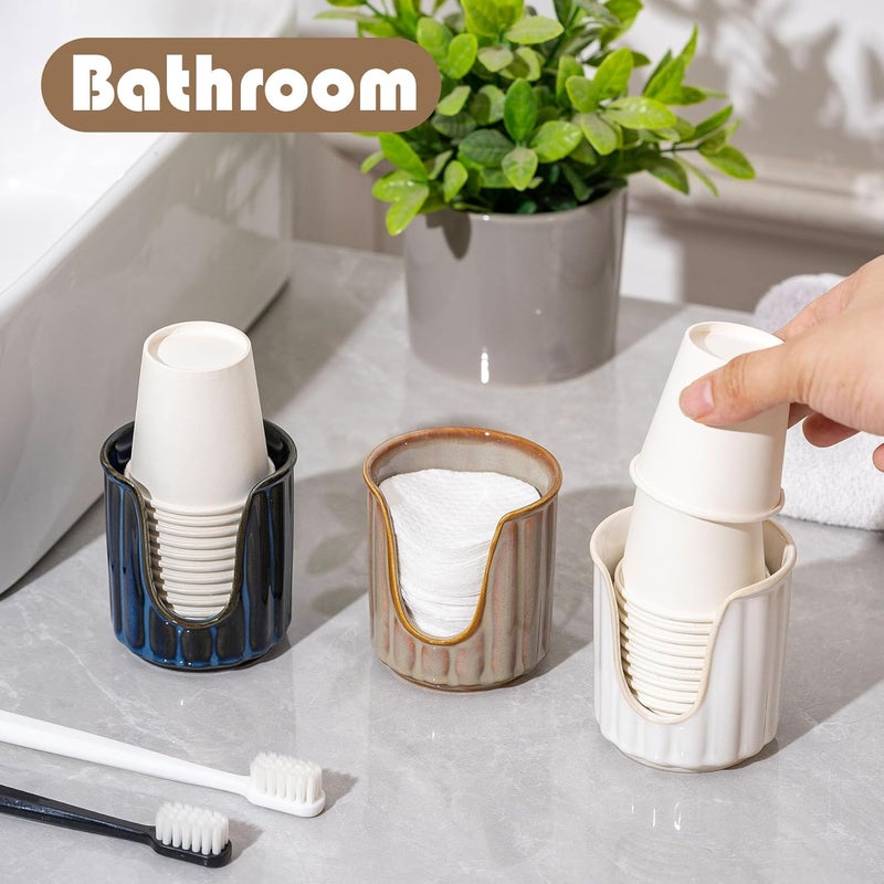 TANEW Ceramic Bathroom Cup Dispenser with Stylish Vertical Stripes - Dixies Cup Dispenser & Mouthwash Cup Holder Holds 3oz Paper Cups for Rinsing Cups on Bathroom Vanity Countertop Reactive Glaze Blue - Image 5